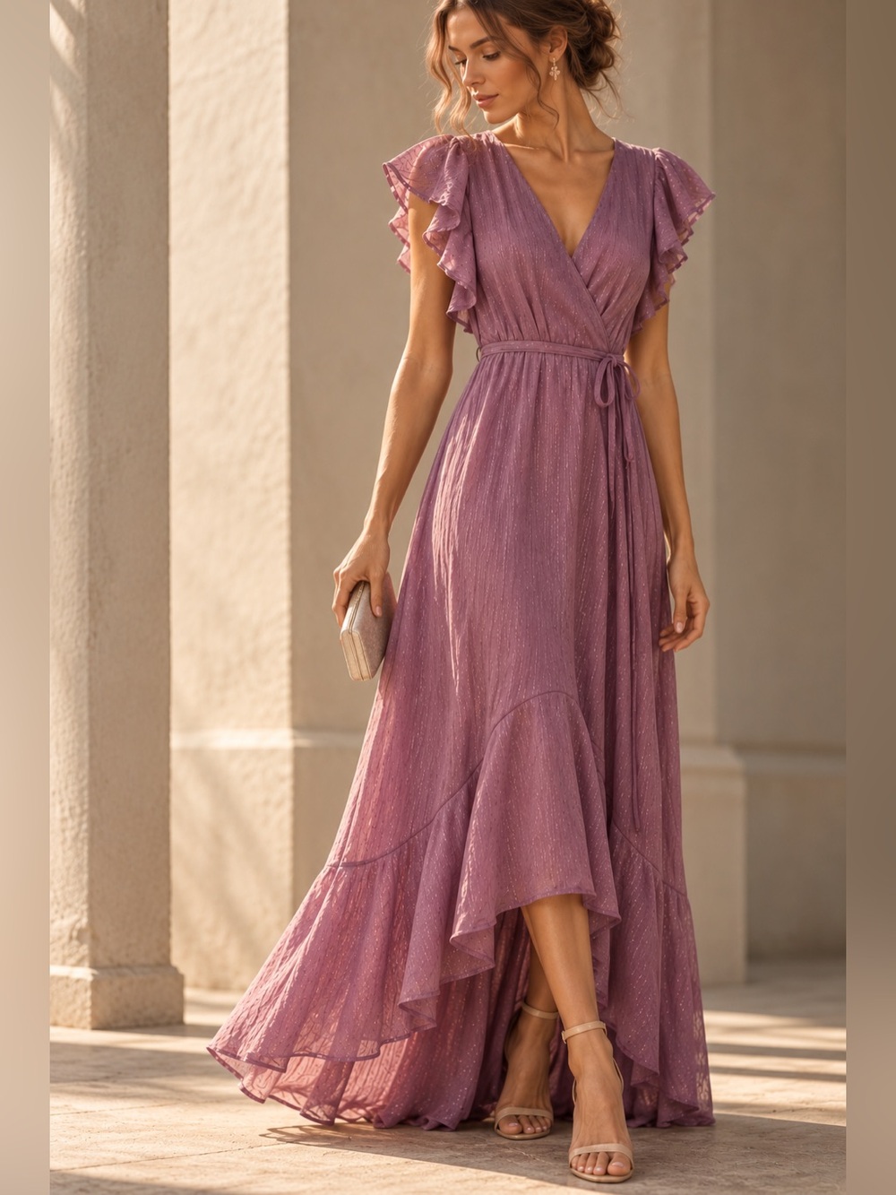 Altar’d State Florentina Mauve Shimmer High Low Maxi Dress M